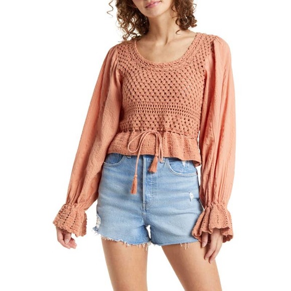Free People Coral Sand Megan Crochet Top NWT Size Small - Picture 1 of 9